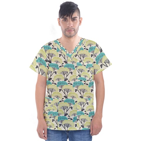 Flora Nature Color Japanese Patterns Men s V-neck Scrub Top by Cowasu