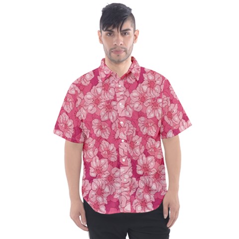 Cute Pink Sakura Flower Pattern Men s Short Sleeve Shirt by Cowasu