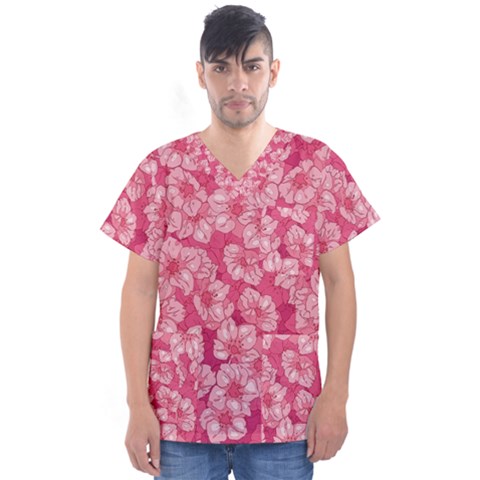 Cute Pink Sakura Flower Pattern Men s V-neck Scrub Top by Cowasu