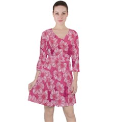 Cute Pink Sakura Flower Pattern Quarter Sleeve Ruffle Waist Dress by Cowasu