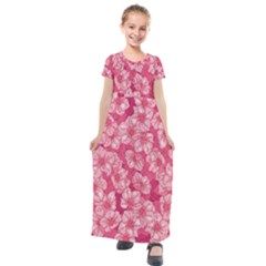 Cute Pink Sakura Flower Pattern Kids  Short Sleeve Maxi Dress by Cowasu