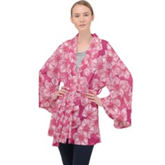 Cute Pink Sakura Flower Pattern Long Sleeve Velvet Kimono  by Cowasu