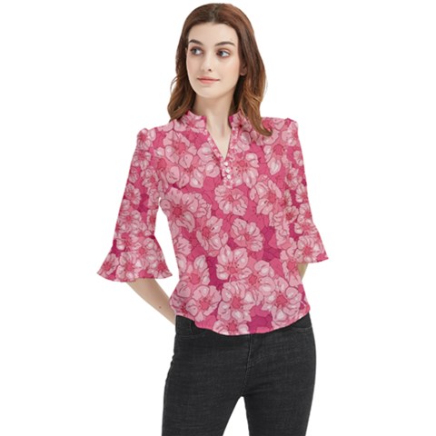 Cute Pink Sakura Flower Pattern Loose Horn Sleeve Chiffon Blouse by Cowasu