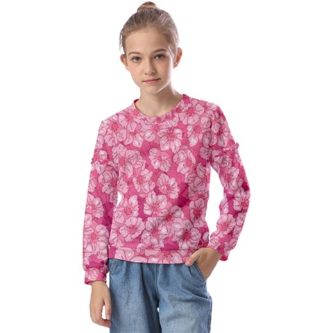 Cute Pink Sakura Flower Pattern Kids  Long Sleeve Tee With Frill  by Cowasu