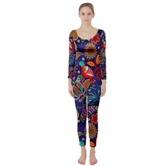 Pattern Colorful Bird Leaf Flower Long Sleeve Catsuit by Cowasu