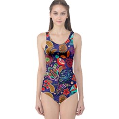 Pattern Colorful Bird Leaf Flower One Piece Swimsuit by Cowasu