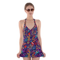 Pattern Colorful Bird Leaf Flower Halter Dress Swimsuit  by Cowasu