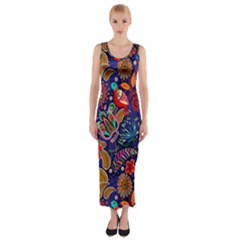 Pattern Colorful Bird Leaf Flower Fitted Maxi Dress by Cowasu