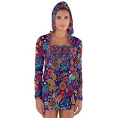 Pattern Colorful Bird Leaf Flower Long Sleeve Hooded T-shirt