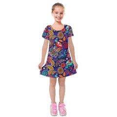 Pattern Colorful Bird Leaf Flower Kids  Short Sleeve Velvet Dress by Cowasu