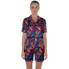 Pattern Colorful Bird Leaf Flower Satin Short Sleeve Pajamas Set by Cowasu