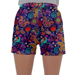 Pattern Colorful Bird Leaf Flower Sleepwear Shorts by Cowasu