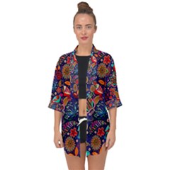 Pattern Colorful Bird Leaf Flower Open Front Chiffon Kimono by Cowasu