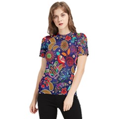 Pattern Colorful Bird Leaf Flower Women s Short Sleeve Rash Guard by Cowasu