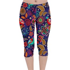 Pattern Colorful Bird Leaf Flower Velvet Capri Leggings  by Cowasu