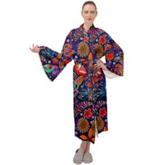 Pattern Colorful Bird Leaf Flower Maxi Velvet Kimono by Cowasu