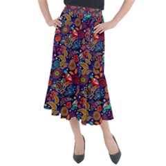 Pattern Colorful Bird Leaf Flower Midi Mermaid Skirt by Cowasu