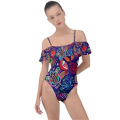 Pattern Colorful Bird Leaf Flower Frill Detail One Piece Swimsuit by Cowasu