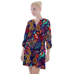 Pattern Colorful Bird Leaf Flower Open Neck Shift Dress by Cowasu