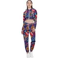 Pattern Colorful Bird Leaf Flower Cropped Zip Up Lounge Set by Cowasu