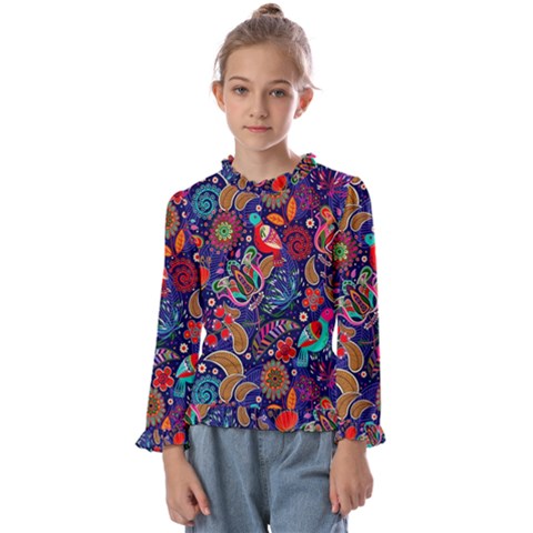 Pattern Colorful Bird Leaf Flower Kids  Frill Detail Tee by Cowasu