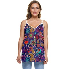 Pattern Colorful Bird Leaf Flower Casual Spaghetti Strap Chiffon Top