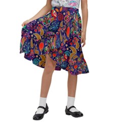 Pattern Colorful Bird Leaf Flower Kids  Ruffle Flared Wrap Midi Skirt by Cowasu