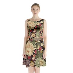 Japanese Flower Art Sleeveless Waist Tie Chiffon Dress by Cowasu