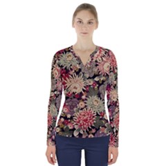 Japanese Flower Art V-neck Long Sleeve Top by Cowasu