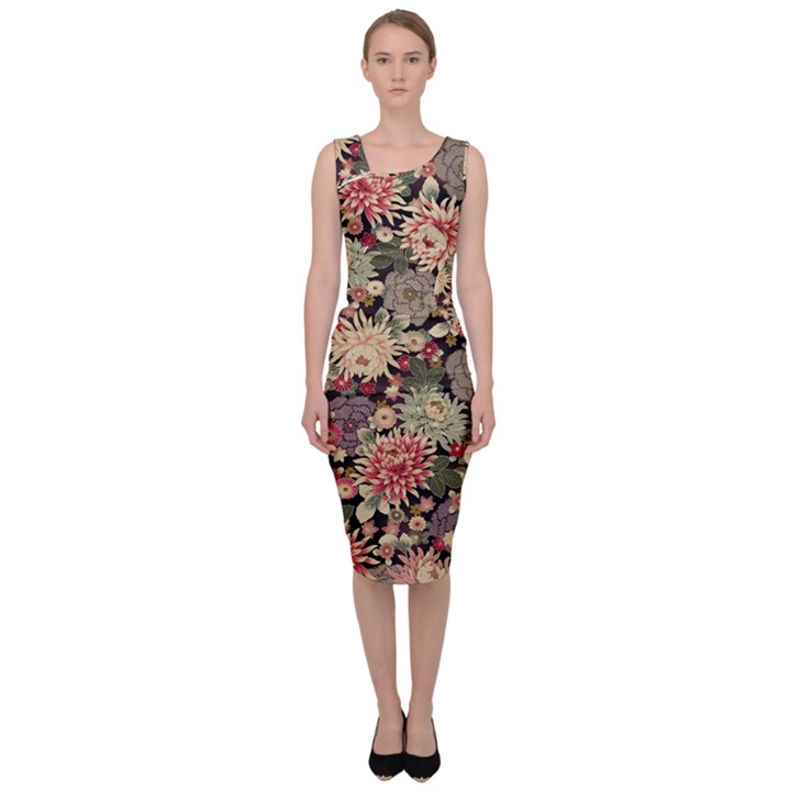 Japanese Flower Art Sleeveless Pencil Dress