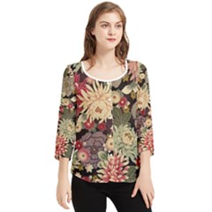 Japanese Flower Art Chiffon Quarter Sleeve Blouse by Cowasu