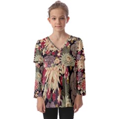 Japanese Flower Art Kids  V Neck Casual Top by Cowasu