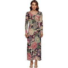 Japanese Flower Art Long Sleeve Longline Maxi Dress by Cowasu