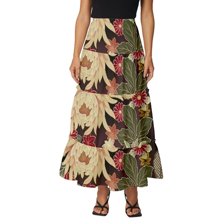 Japanese Flower Art Tiered Ruffle Maxi Skirt