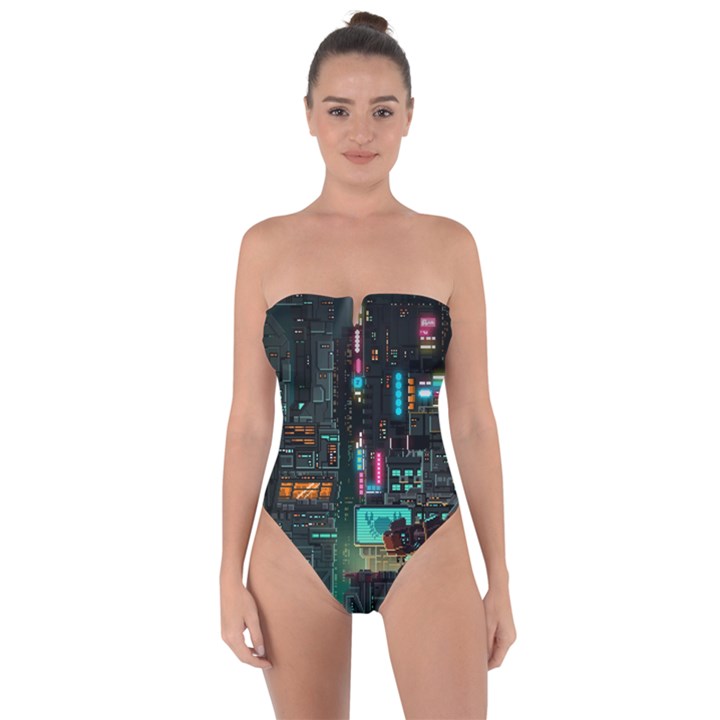 Video Game Pixel Art Tie Back One Piece Swimsuit