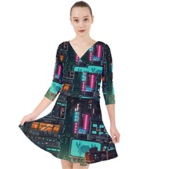 Video Game Pixel Art Quarter Sleeve Front Wrap Dress by Cowasu