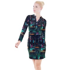 Video Game Pixel Art Button Long Sleeve Dress by Cowasu