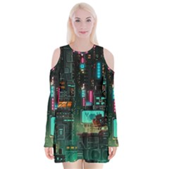 Video Game Pixel Art Velvet Long Sleeve Shoulder Cutout Dress by Cowasu