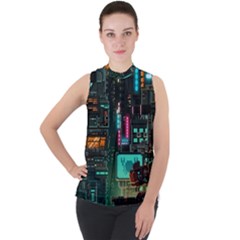 Video Game Pixel Art Mock Neck Chiffon Sleeveless Top by Cowasu