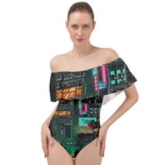 Video Game Pixel Art Off Shoulder Velour Bodysuit  by Cowasu