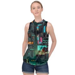 Video Game Pixel Art High Neck Satin Top by Cowasu