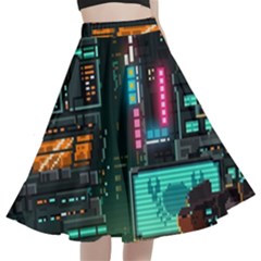 Video Game Pixel Art A-line Full Circle Midi Skirt With Pocket