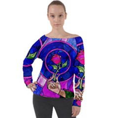 Stained Glass Rose Off Shoulder Long Sleeve Velour Top by Cowasu