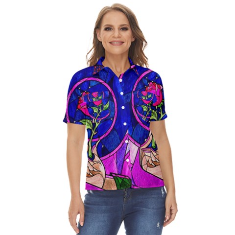 Stained Glass Rose Women s Short Sleeve Double Pocket Shirt by Cowasu