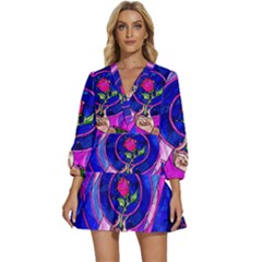 Stained Glass Rose V-neck Placket Mini Dress by Cowasu