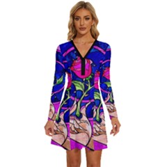 Stained Glass Rose Long Sleeve Deep V Mini Dress  by Cowasu