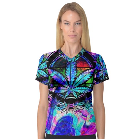 Cannabis Psychedelic V-neck Sport Mesh Tee by Cowasu