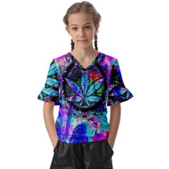 Cannabis Psychedelic Kids  V-neck Horn Sleeve Blouse by Cowasu