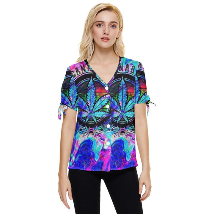 Cannabis Psychedelic Bow Sleeve Button Up Top