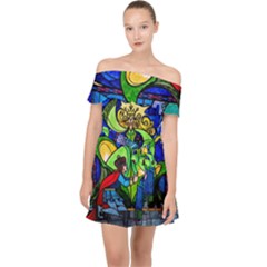 Beauty Stained Glass Rose Off Shoulder Chiffon Dress by Cowasu